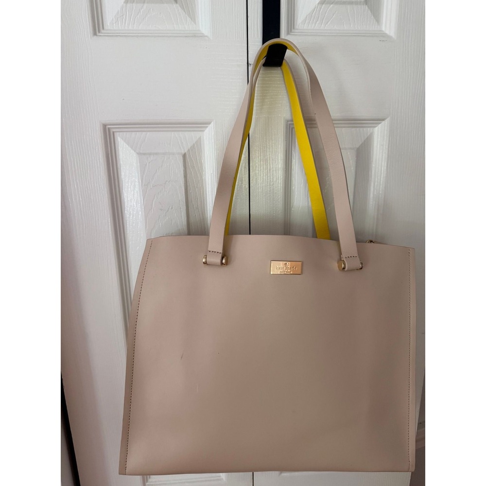 Kate Spade Arbour Hill Kyra Tote Bag in Light Beige Leather with Yellow Interior